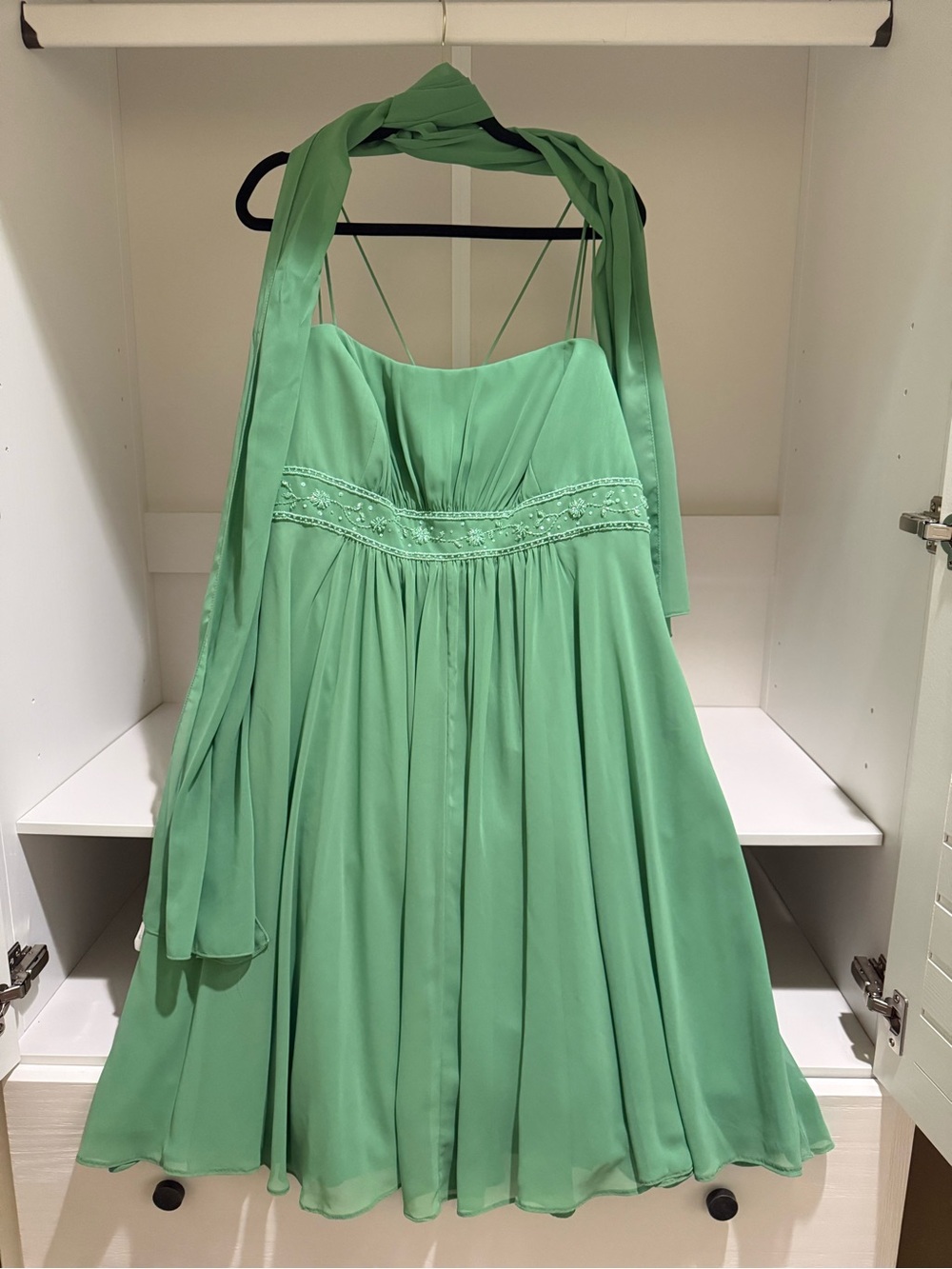 David's Bridal Mint Green Spaghetti Strap Chiffon Dress with Shawl